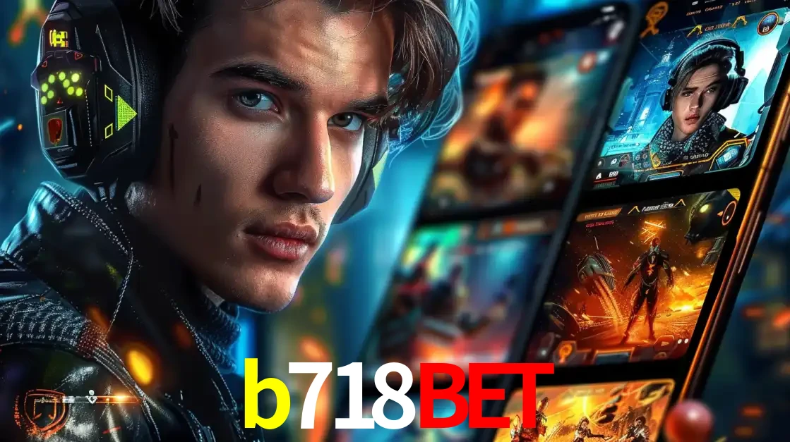 Jovem jogador com fones de ouvido olhando para a câmera, com um aplicativo de jogos e e-sports para celular ao fundo, pronto para a competição e apostas no b718bet.