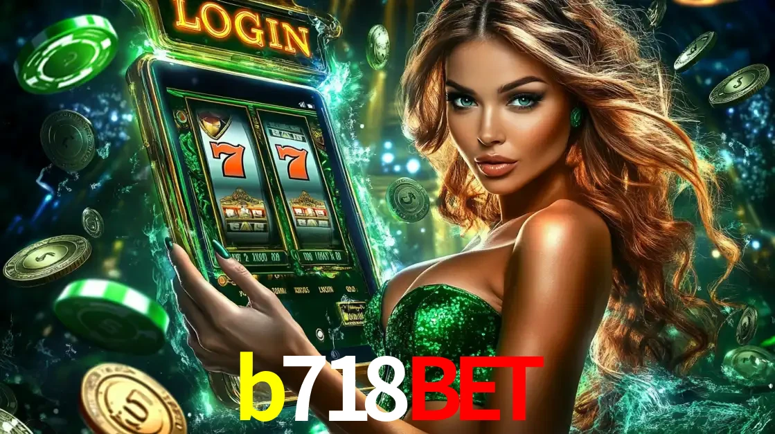 Mulher com tema verde apresentando o aplicativo do cassino b718bet com um jogo de slot de 777, cercada por fichas de cassino e uma aura de sorte.