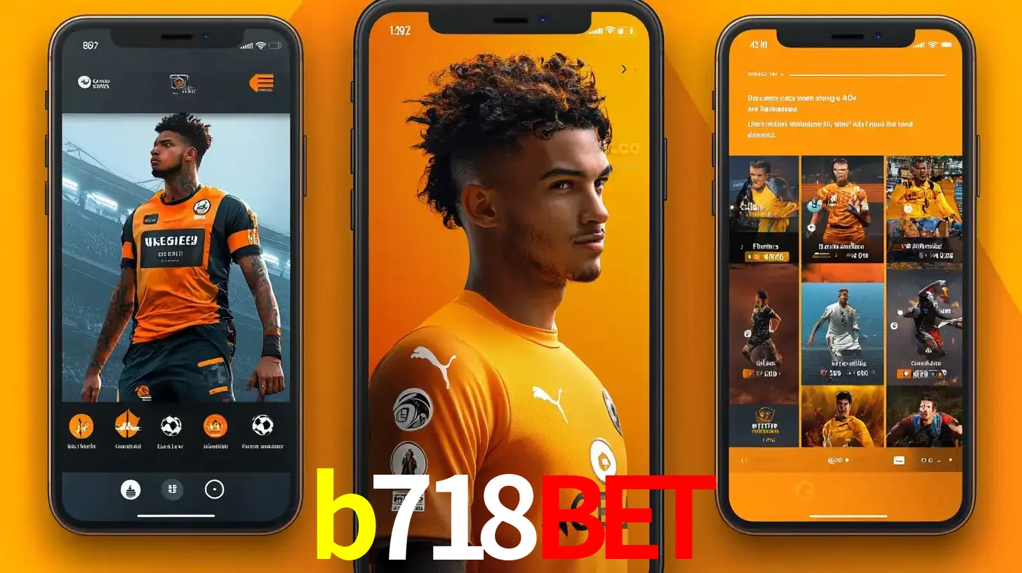 Interface do aplicativo de apostas esportivas b718bet em três telas de celular, mostrando o perfil de um jogador de futebol e a lista de jogos disponíveis para apostar.