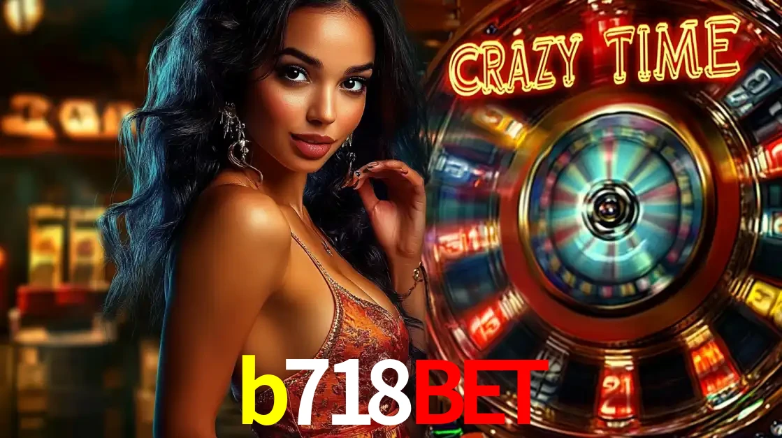 Mulher elegante ao lado da vibrante roda da fortuna do jogo de cassino ao vivo Crazy Time, um dos game shows mais populares e cheios de prêmios do b718bet.
