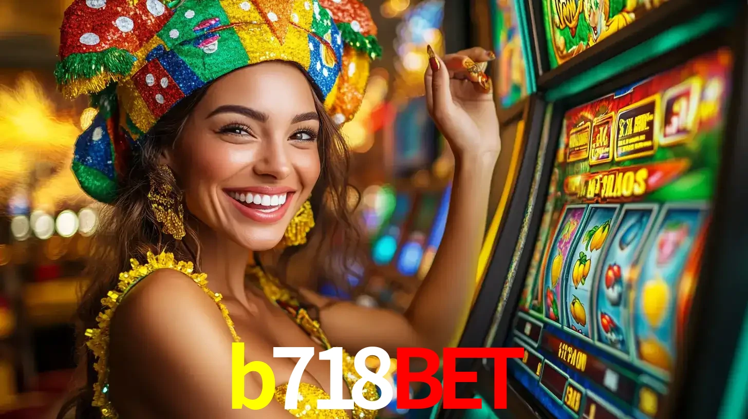 Mulher feliz com traje de carnaval amarelo e colorido ao lado de uma máquina de caça-níqueis, aproveitando a diversão e os jogos temáticos do cassino b718bet.