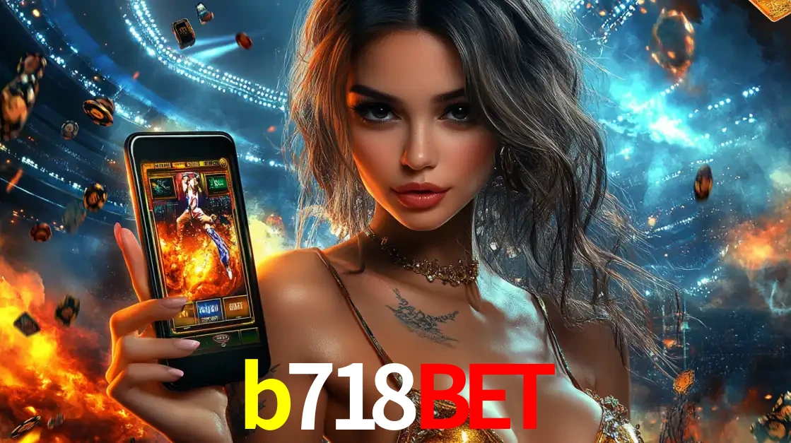 Mulher segurando um celular com um jogo de slot em destaque, tendo como fundo um estádio vibrante, simbolizando a emoção de jogar no cassino móvel b718bet.