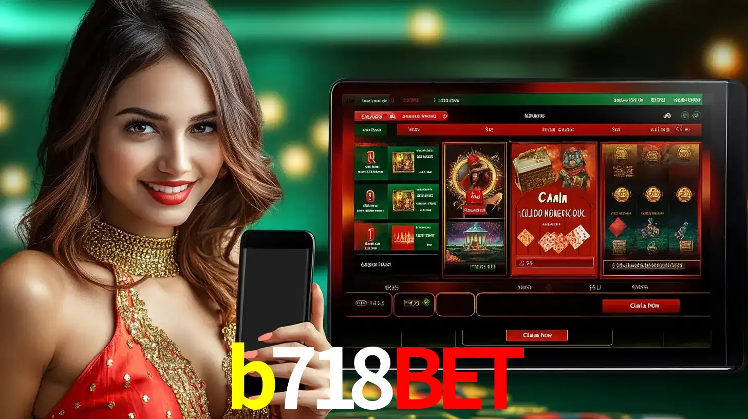 Mulher sorridente segurando um smartphone, ao lado de uma tela exibindo o lobby de jogos do cassino online b718bet, com várias opções de jogos de cartas e slots.